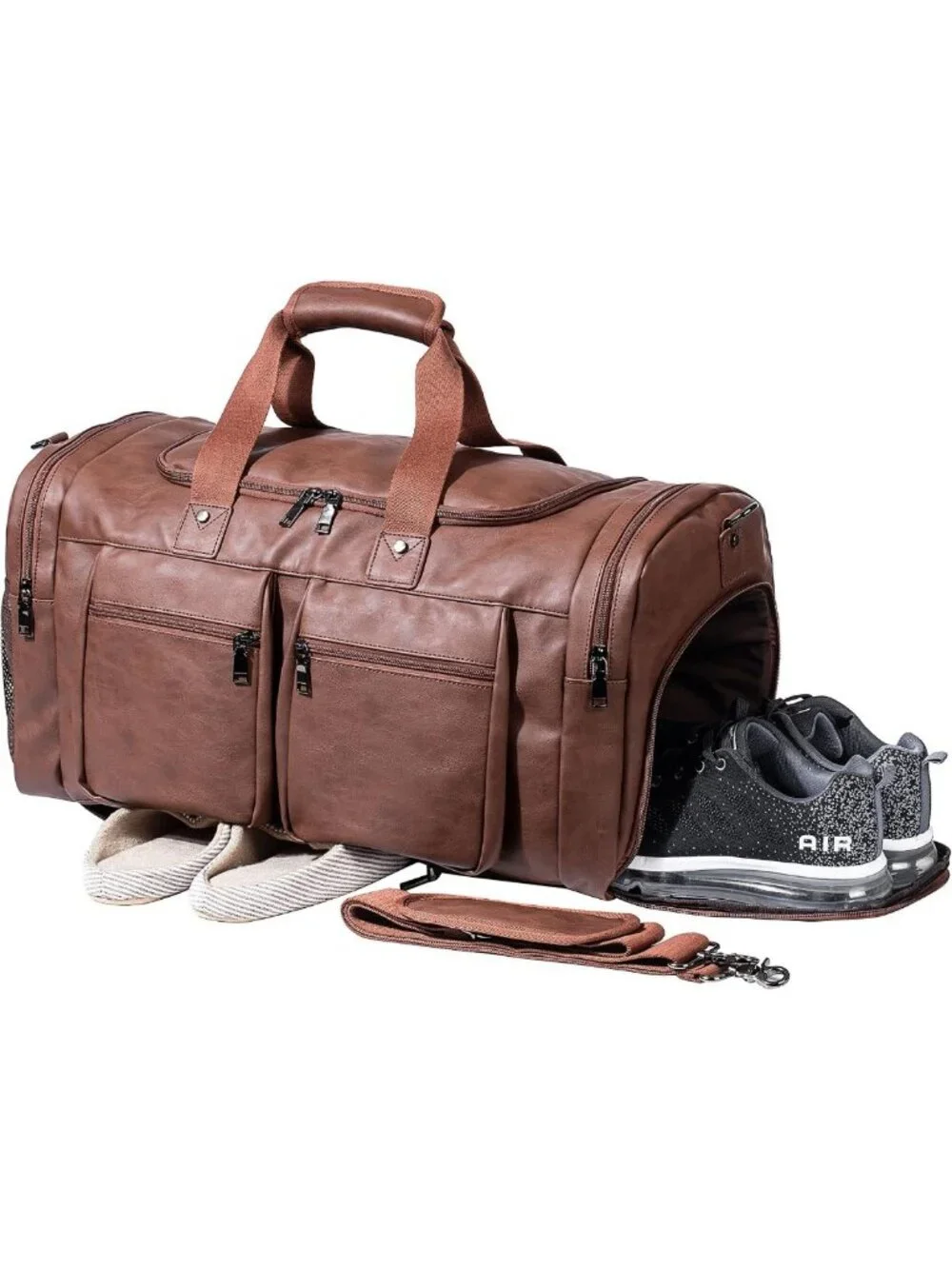 Waterproof Leather Weekender Bag with Shoe Pouch, Large Travel Tote for Men